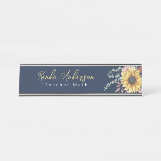 Monogram Elegant Rustic Sunflowers Math Teacher Schreibtischnamensplakette (Vorderseite )