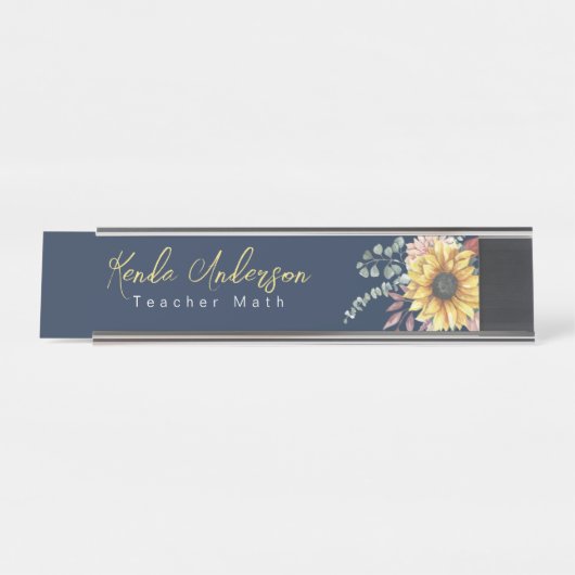 Monogram Elegant Rustic Sunflowers Math Teacher Schreibtischnamensplakette (Vorderseite )
