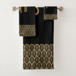 Monogram Elegant Schwarz und Gold Art Deco Gatsby Badhandtuch Set
