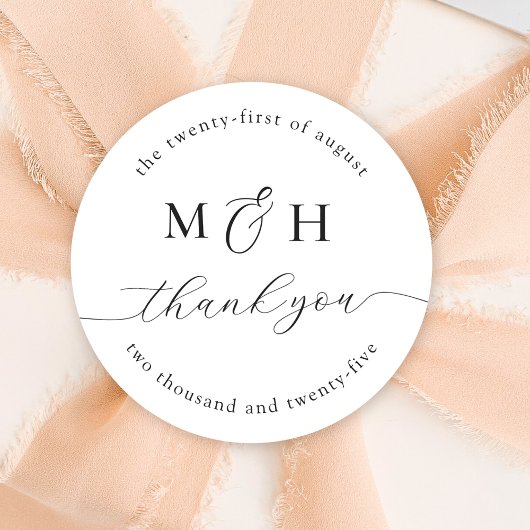 Monogram Elegant Schwarz-weiß Danke Hochzeit Runder Aufkleber
