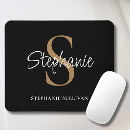 Monogram Elegant Script Name Black Gold  Mousepad