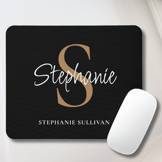 Monogram Elegant Script Name Black Gold Mousepad