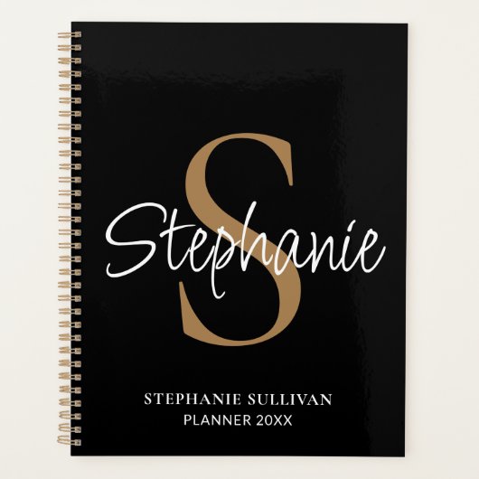 Monogram Elegant Script Name Black Gold  Planer (Vorderseite)