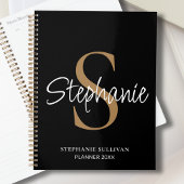 Monogram Elegant Script Name Black Gold  Planer