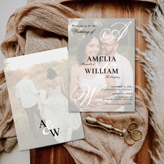 Monogram Elegant Script Names Foto Wedding Einladung