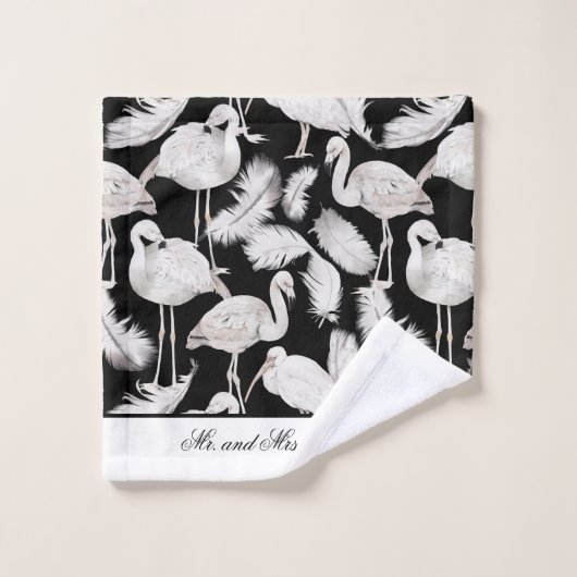 Monogram Elegant Script Schwarz-weiß Swan Feathers Badhandtuch Set (Waschlappen)
