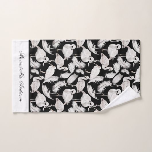 Monogram Elegant Script Schwarz-weiß Swan Feathers Badhandtuch Set (Handtuch)