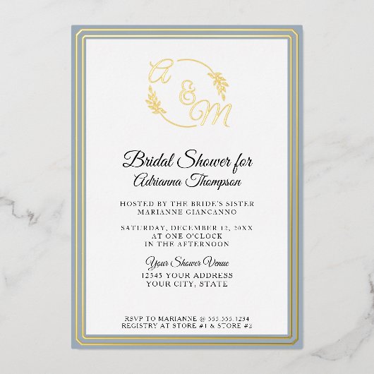 Monogram Elegant Simple Blue n Gold Brautparty Folieneinladung (Vorderseite)