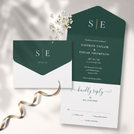 Monogram Elegant Smaragdgrün und Goldene Hochzeit All In One Einladung