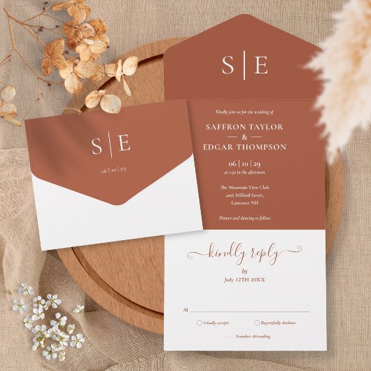 Monogram Elegant Terracotta Minimalistisch Wedding All In One Einladung