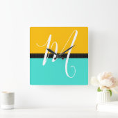 Monogram Elegant Turquoise & Amber Solid Color Quadratische Wanduhr (Zuhause)