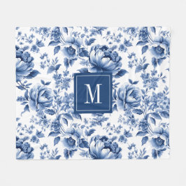 Monogram Elegant Vintag Blue Floral Muster Fleecedecke