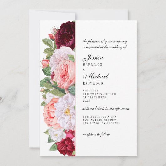 Monogram Elegant Vintage Rose Burgundy Wedding Einladung (Vorderseite)