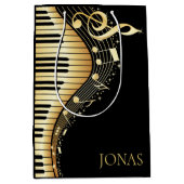 Monogram Elegante Black and Gold Musiknoten Design Mittlere Geschenktüte (Vorderseite)