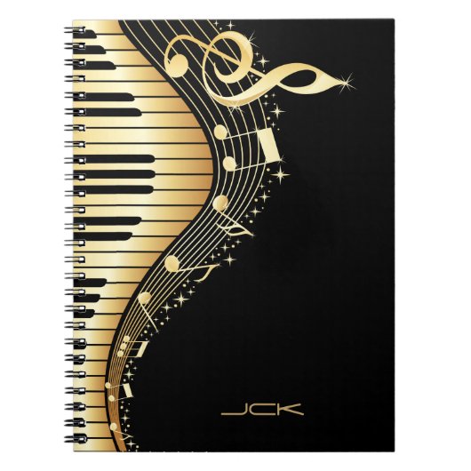 Monogram Elegante Black and Gold Musiknoten Design Notizblock (Vorderseite)