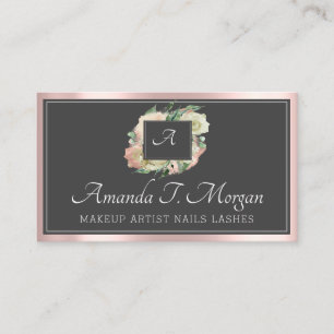 Monogram Elegante Ernennung Grau Rose Grüne Flora Visitenkarte