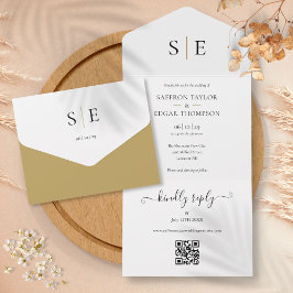 Monogram Elegante Gold-Schwarze QR-Code-Hochzeit All In One Einladung