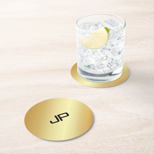 Monogram Elegante Modern Gold Look Template Runder Pappuntersetzer (Vor Ort)