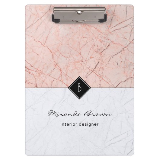 Monogram Elegante Rose Gold Gray Marble Clipboard Klemmbrett (Vorderseite)