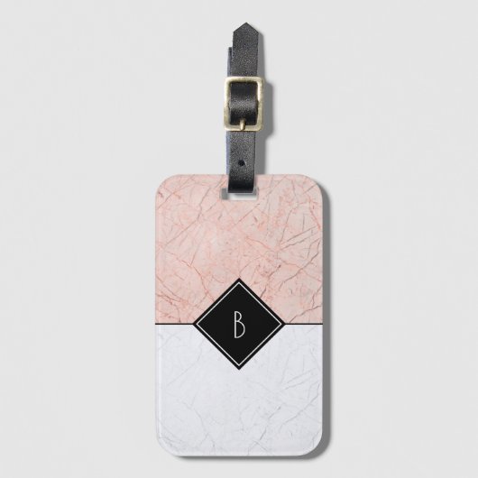 Monogram Elegante Rose Gold Gray Marble Gepäckmark Gepäckanhänger (Vorderseite Vertikal)