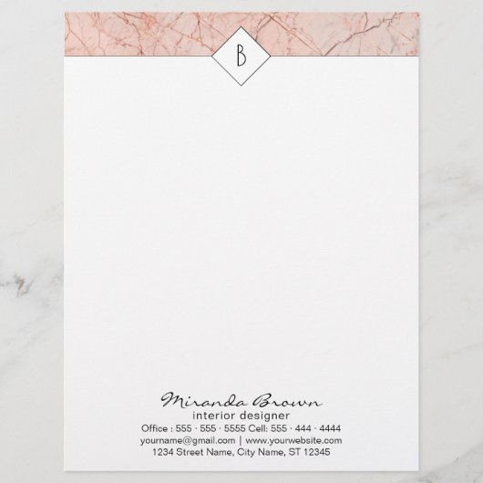 Monogram Elegante Rose Gold Marble Letterhead Briefkopf (Vorderseite)