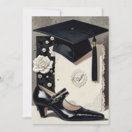 Monogram Elegante Schwarz-Weiße Abschluss-Einladun Einladung