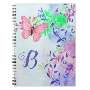 Monogram Eleganush Blush Pink Butterfly Floral Notizblock
