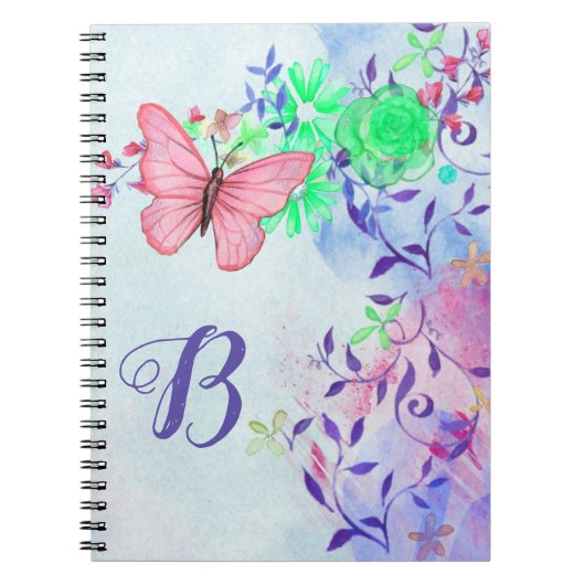 Monogram Eleganush Blush Pink Butterfly Floral Notizblock (Vorderseite)