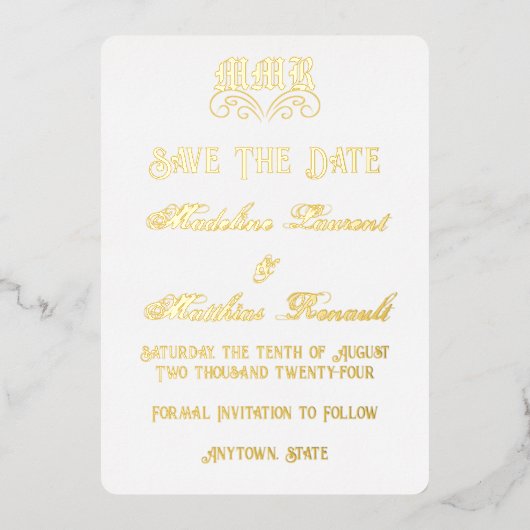 Monogram Eleganwhite and Gold Save the Date Folieneinladung (Vorderseite)