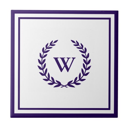 Monogram Elegany Navy Blue White Keramik Tile Fliese (Vorderseite)