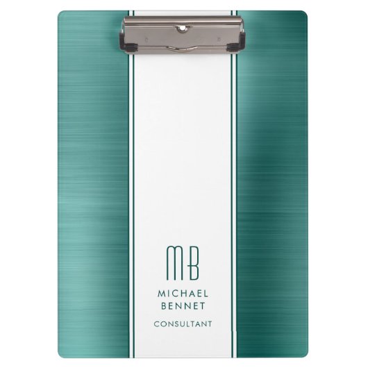 Monogram Emerald Green Brushed Metallic Business Klemmbrett (Vorderseite)