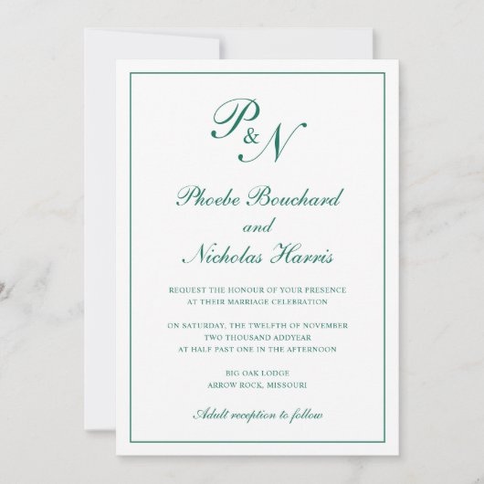 Monogram Emerald Green Formal Elegant Wedding Einladung (Vorderseite)