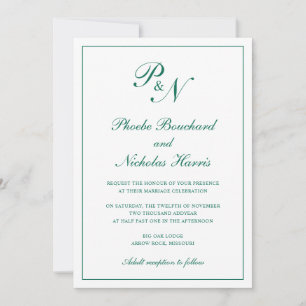 Monogram Emerald Green Formal Elegant Wedding Einladung