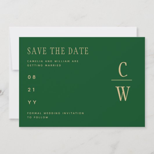 Monogram Emerald Green Gold Save the Date (Vorderseite)