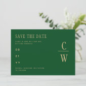 Monogram Emerald Green Gold Save the Date (Stehend Vorderseite)