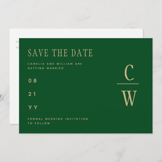 Monogram Emerald Green Gold Save the Date (Vorne/Hinten)