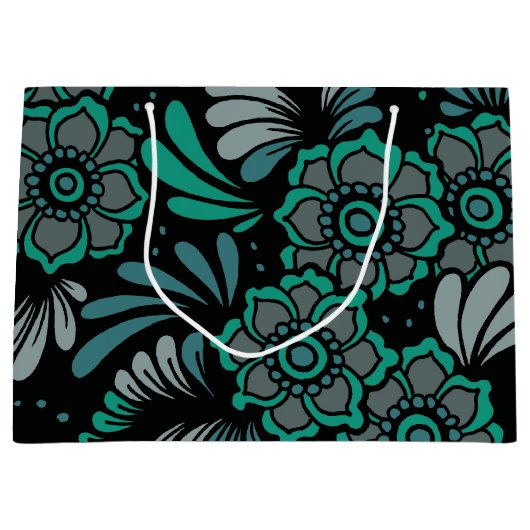 Monogram Emerald Green und Black Blume Pattern Große Geschenktüte (Vorderseite)