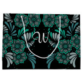 Monogram Emerald Green und Black Blume Pattern Große Geschenktüte (Rückseite)
