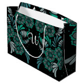 Monogram Emerald Green und Black Blume Pattern Große Geschenktüte (Rückseite Schrägansicht)