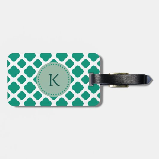 Monogram Emerald Green & White Quatrefoil Muster Gepäckanhänger (Rückseite horizontal)
