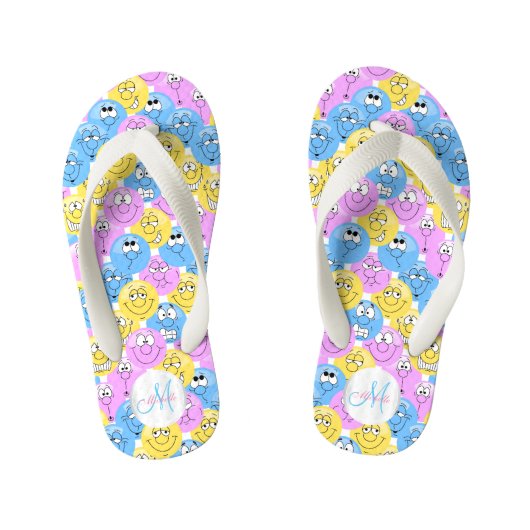 Monogram - Emoji Design Funny Pastel Faces Kinderbadesandalen (Fußbett)