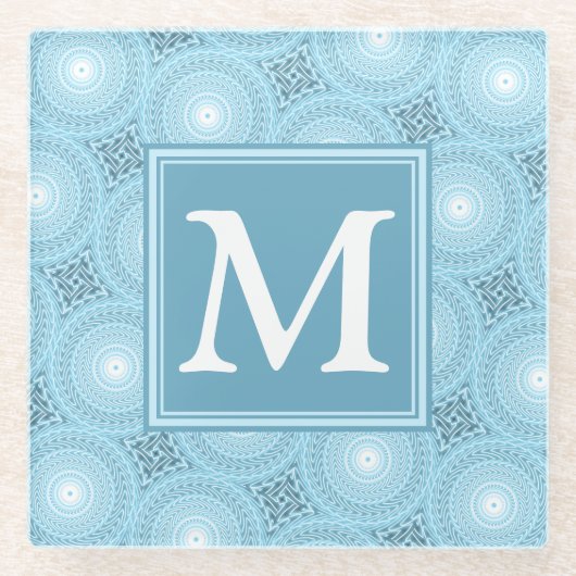 Monogram Engelblau-Kreismuster Glasuntersetzer (Vorderseite)
