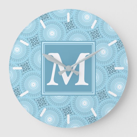 Monogram Engelblau-Kreismuster Große Wanduhr (Vorderseite)
