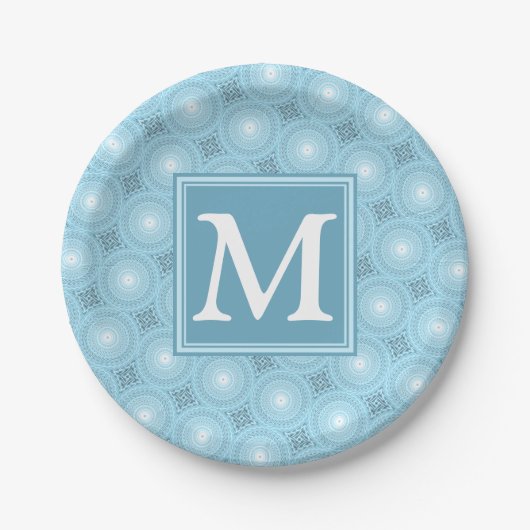Monogram Engelblau-Kreismuster Pappteller (Vorderseite)