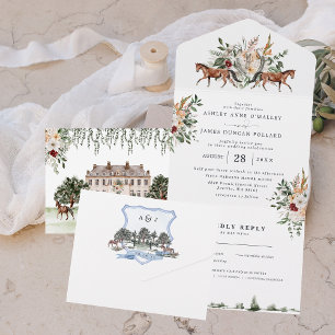 Monogram   Englischer Landhaus-Hochzeit im Reitspo All In One Einladung