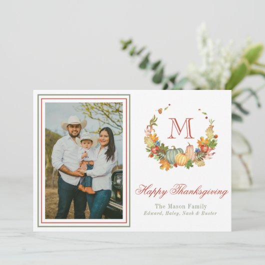 Monogram-Erntedank-Foto Feiertagskarte (Stehend Vorderseite)
