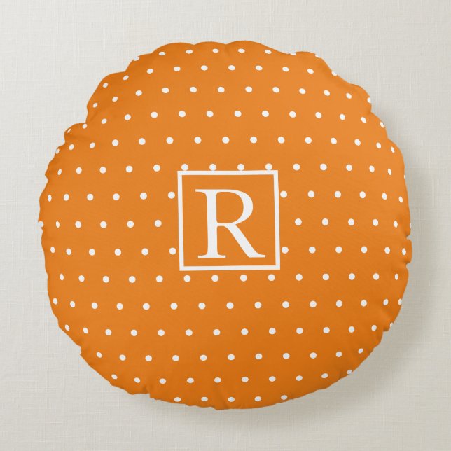 Monogram, erste Orange White Polka Dots Niedlich Rundes Kissen (Vorderseite)