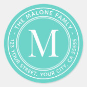 Monogram erstmalige elegante aqua blue Rücksendead Runder Aufkleber (Vorderseite)