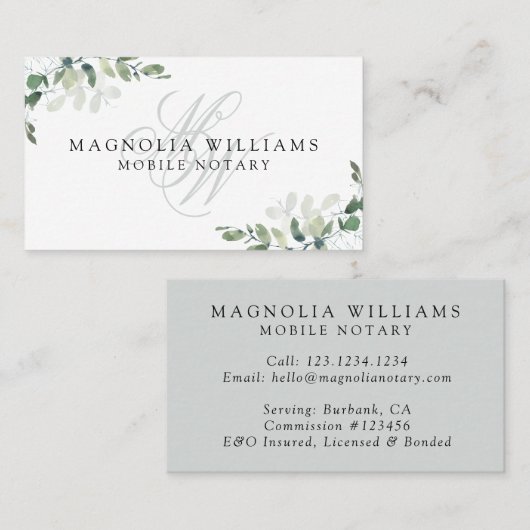 Monogram Eucalyptus Mobile Notar Visitenkarte (Vorne/Hinten)