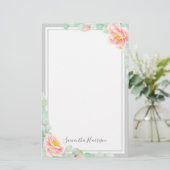 Monogram Eukalyptus Blätter Peony Floral Peach Gra Briefpapier (Stehend Vorderseite)